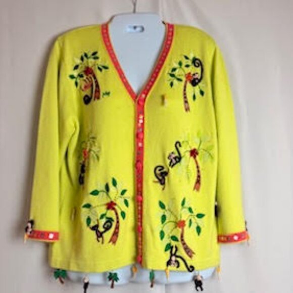 Berek Monkey Jungle Embroidered Cardigan Sweater Yellow Button Front Size Medium - Picture 3 of 15